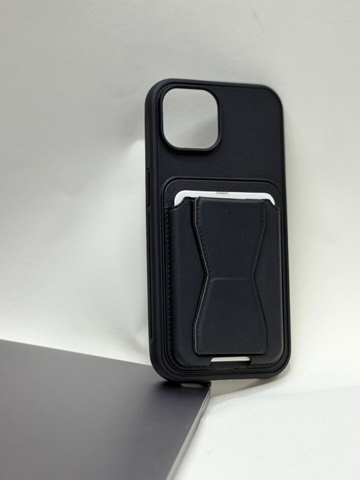 iPhone 15 Deri Görünümlü Kart Bölmeli Fonksiyonel Standlı Cüzdan Kılıf