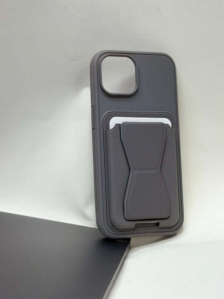 iPhone 15 Deri Görünümlü Kart Bölmeli Fonksiyonel Standlı Cüzdan Kılıf Gri