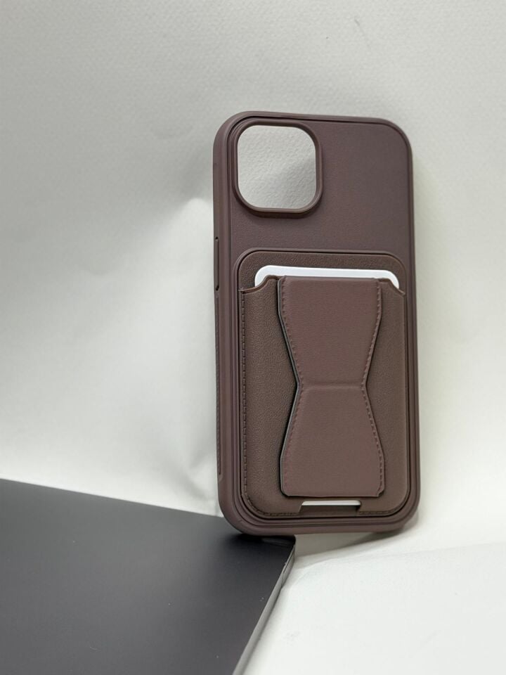 iPhone 15 Deri Görünümlü Kart Bölmeli Fonksiyonel Standlı Cüzdan Kılıf Kahverengi