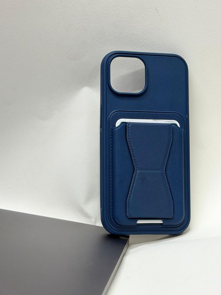 iPhone 15 Deri Görünümlü Kart Bölmeli Fonksiyonel Standlı Cüzdan Kılıf Lacivert