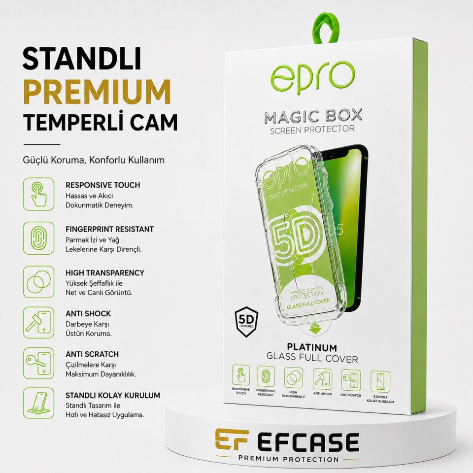 Efcase iPhone 12 Standlı Premium Temperli Cam – Entegre Video Standlı HD Şeffaf Ekran Koruyucu