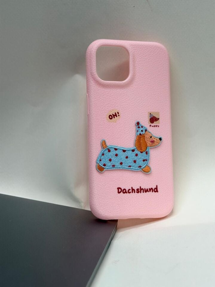 iPhone 15 Candy Case - İçi Kadife Pastel Renkli Yumuşak Silikon Kılıf pembe köpek desenli