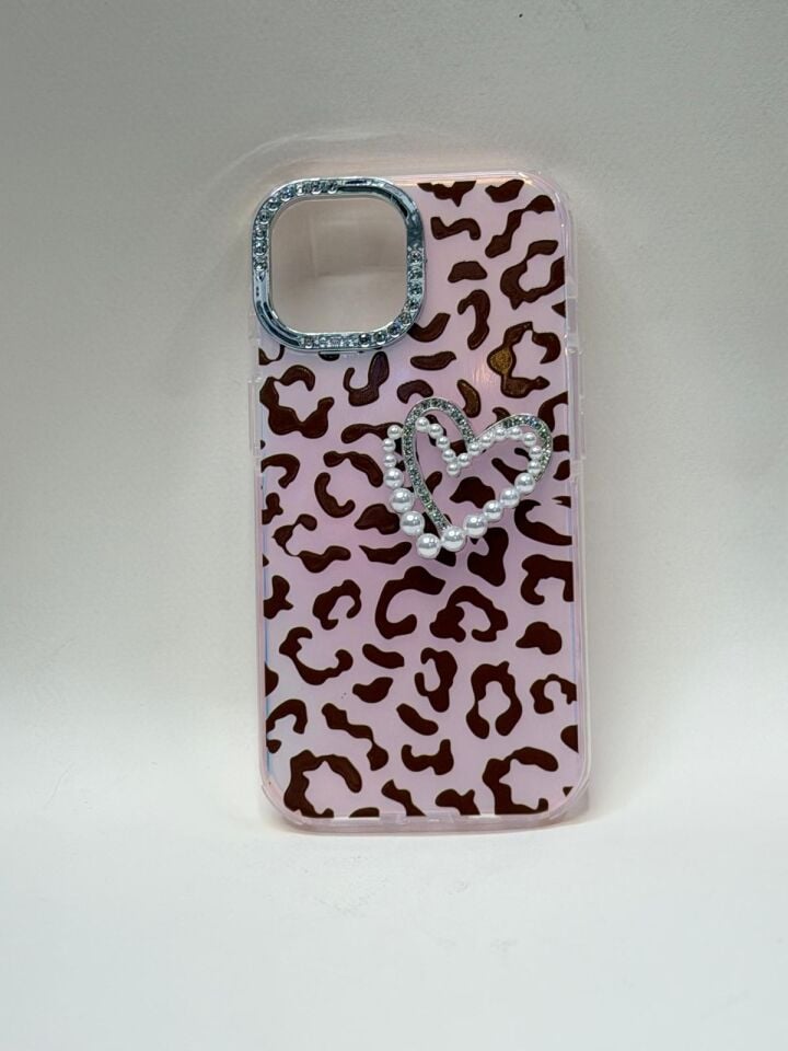 iPhone 15 Leopar Desenli Premium Lansman Kılıf - Kamera Korumalı Pembe