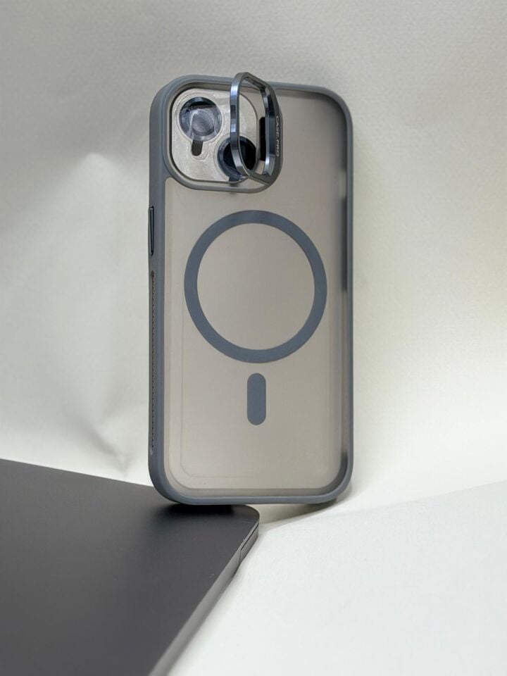 iPhone 15 MagSafe Destekli Kamera Korumalı Darbe Emici Kılıf Gri