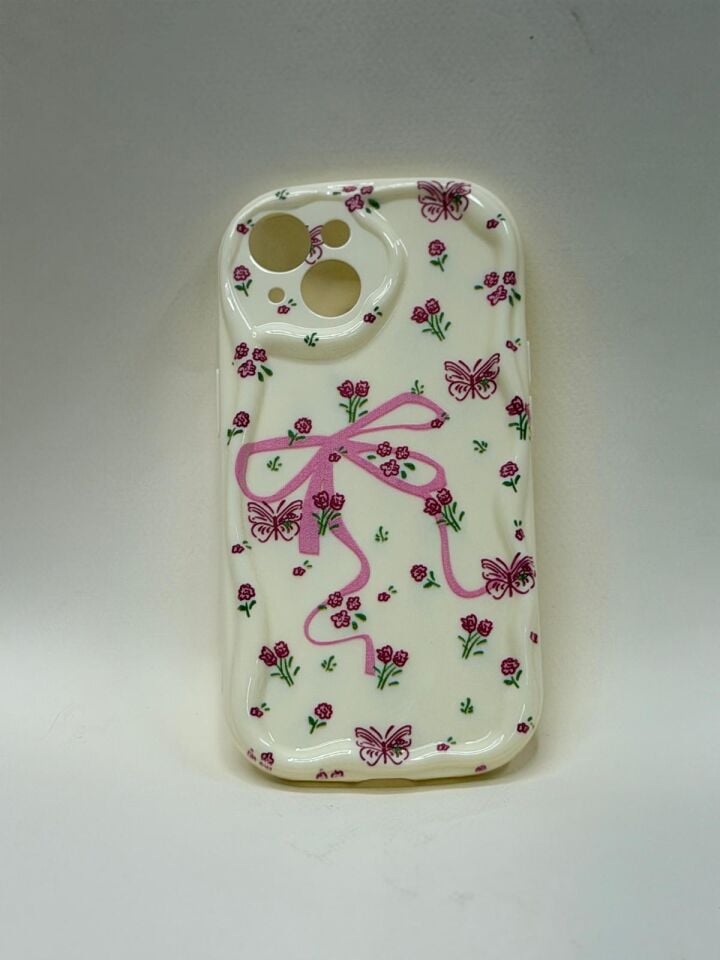 iPhone 15 Bahar Esintisi Serisi Özel Tasarım Çiçek Desenli Kılıf kurdele desenli