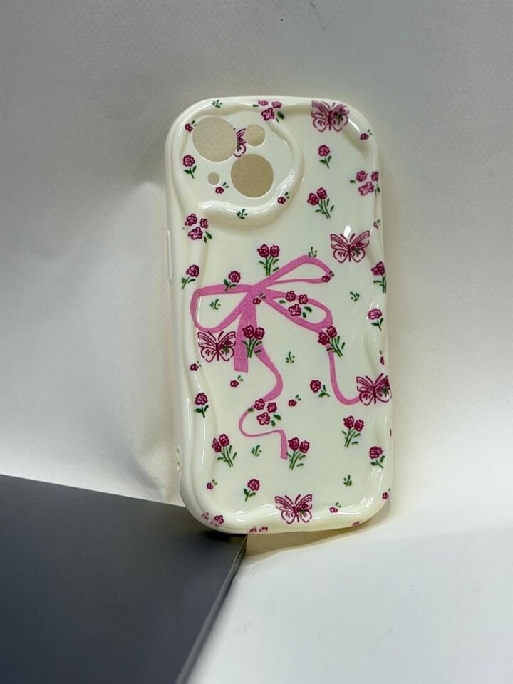 iPhone 15 Bahar Esintisi Serisi Özel Tasarım Çiçek Desenli Kılıf kurdele desenli