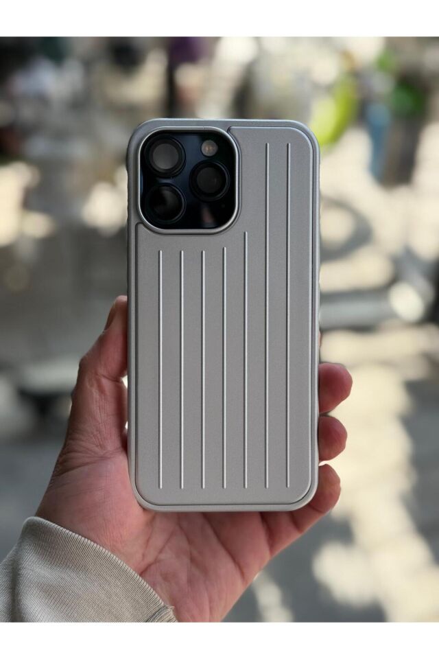 Iphone 15 Pro Max Uyumlu Çizgili Valiz Desenli Premium Kılıf Gri