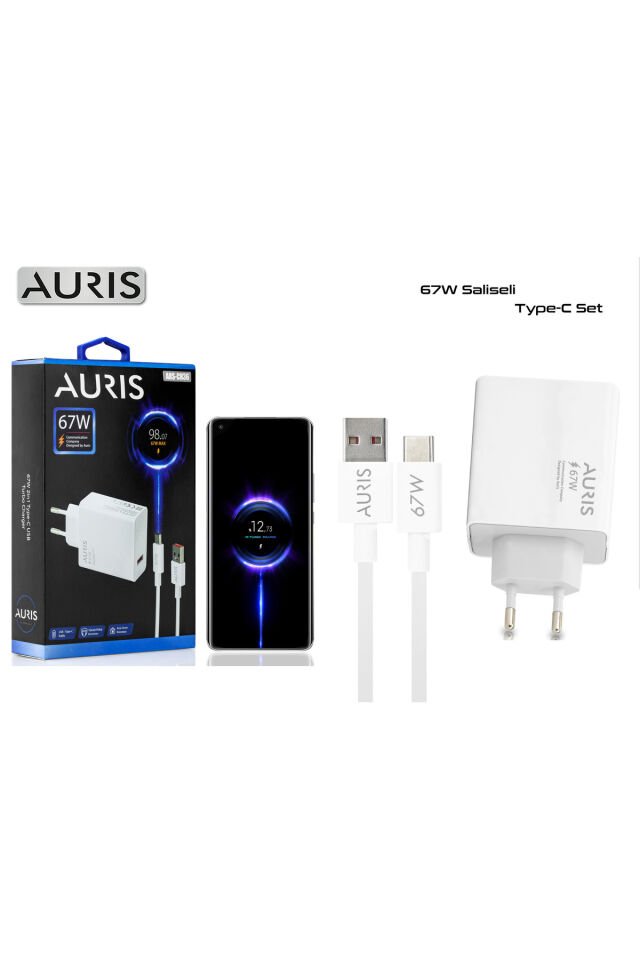 Auris 67 Watt Hızlı Şarj Aleti Type C Kablo + USB Şarj Başlığı Yüksek Hızlı Şarj Göstergesi Çıkaran Beyaz