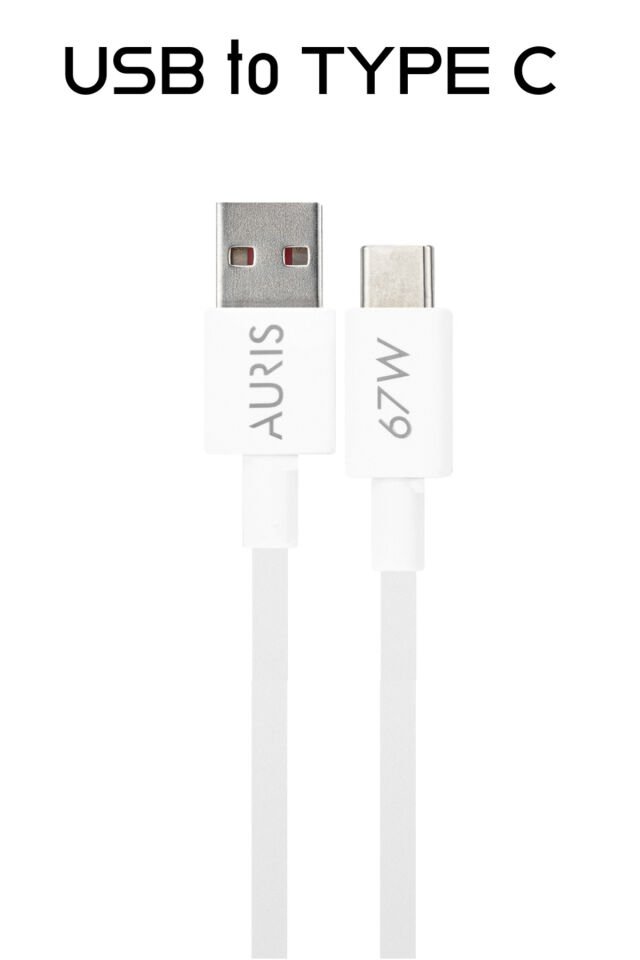 Auris 67 Watt Hızlı Şarj Aleti Type C Kablo + USB Şarj Başlığı Yüksek Hızlı Şarj Göstergesi Çıkaran Beyaz