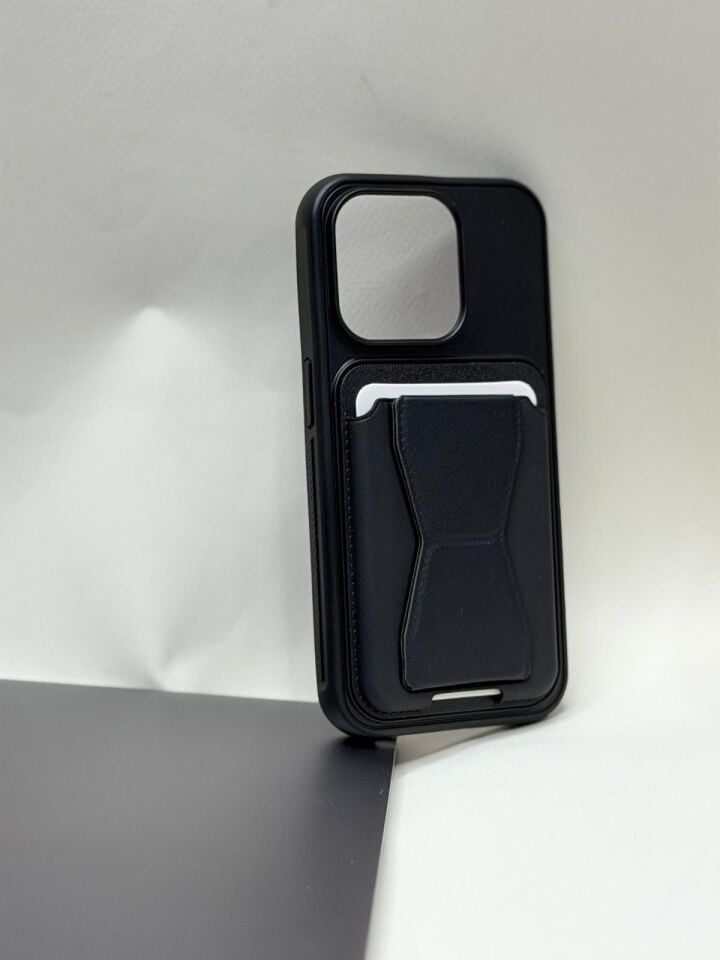 iPhone 15 Pro Uyumlu Lüks Deri Görünümlü Kartlıklı Kılıf - Kamera Korumalı Cüzdan Kılıf Siyah