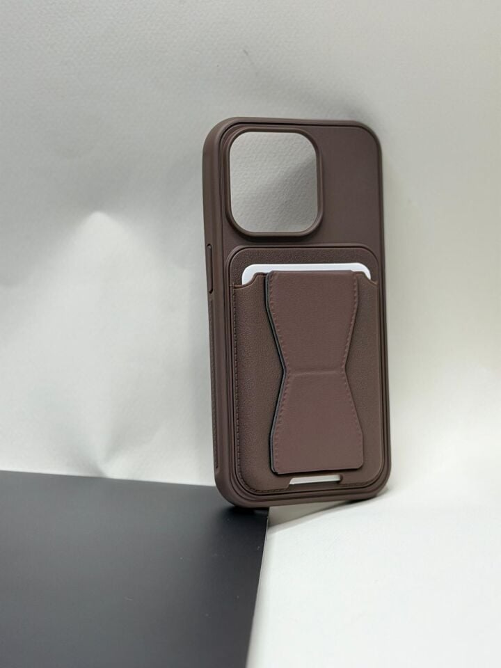 iPhone 15 Pro Uyumlu Lüks Deri Görünümlü Kartlıklı Kılıf - Kamera Korumalı Cüzdan Kılıf Kahverengi