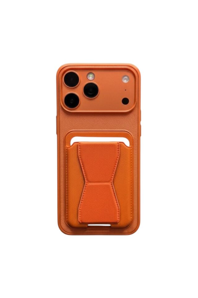 iPhone 17 Pro Max Uyumlu Kartlıklı Deri Görünümlü Premium Kılıf ve Cüzdan Turuncu