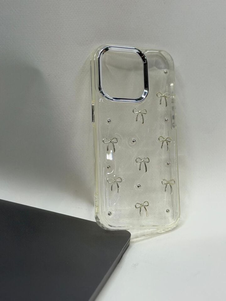 iPhone 14 Pro Mücevher Tasarımlı Premium Telefon Kılıfı Gümüş Kurdele