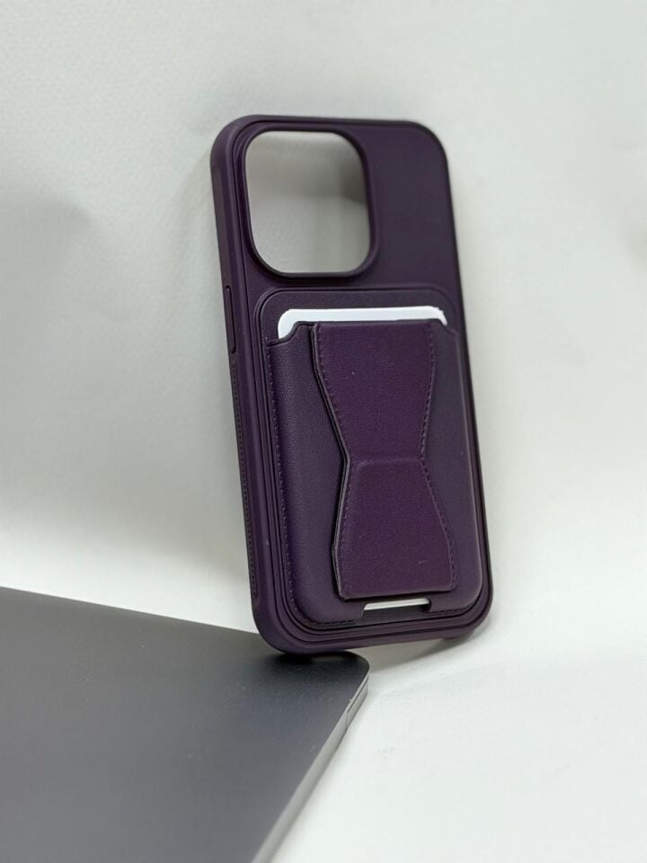 iPhone 14 Pro Uyumlu Kartlıklı Deri Kılıf - Cüzdan Özellikli, Arkası Kart Bölmeli, Darbe Emici Premium Kapak Mor
