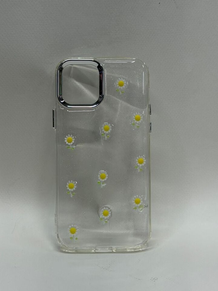 iPhone 12 / 12 Pro Uyumlu Lüks Mücevher Desenli Parlak Telefon Kılıfı Papatya