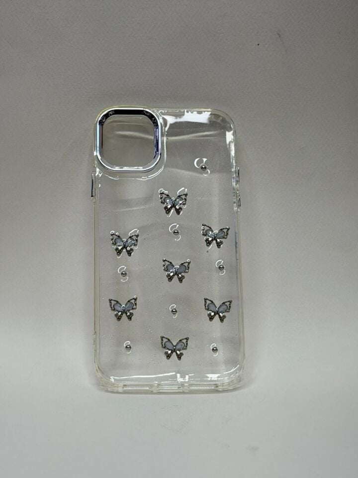iPhone 11 Uyumlu Mücevher Desenli Lüks Tasarım Lansman Kılıf Gümüş Kelebek