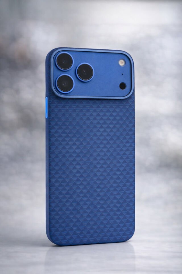 iPhone 17 Pro Max Premium Karbon Fiber Desenli İnce Tasarım Darbe Emici Telefon Kılıfı Lacivert Karbon