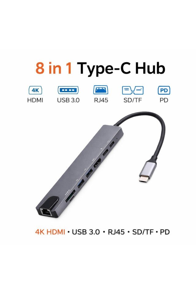 Type-C 8 in 1 Hub USB-C Çoklayıcı 4K HDMI RJ45 SD TF USB 3.0 PD