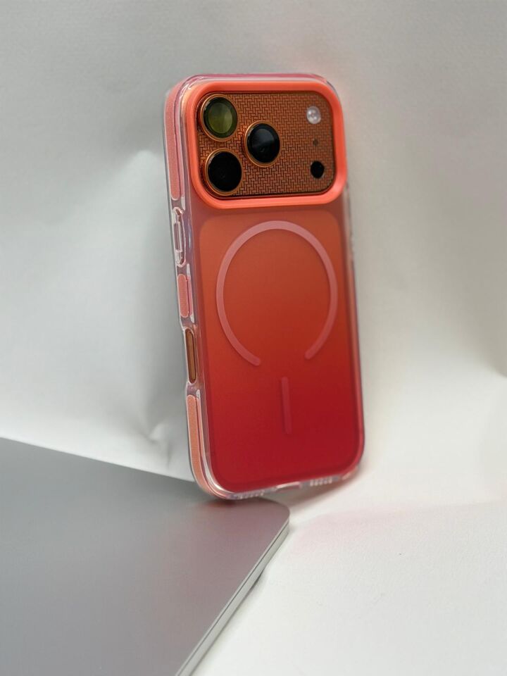 iPhone 17 Pro Uyumlu Rainbow MagSafe Kılıf - Gökkuşağı Renk Geçişli Sararmaz Kapak Turuncu
