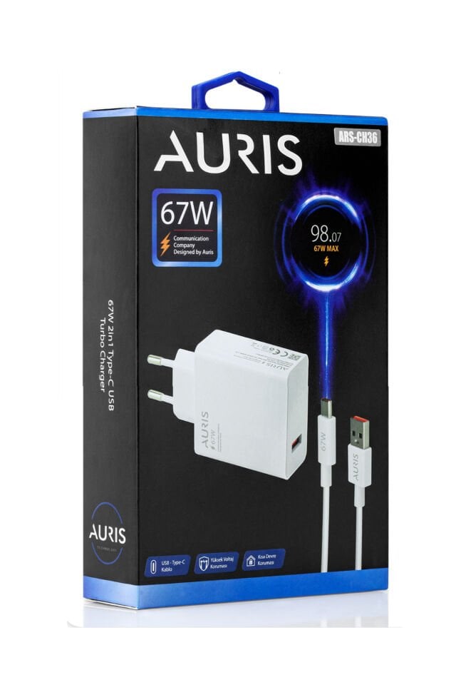 Auris 67 Watt Hızlı Şarj Aleti Type C Kablo + USB Şarj Başlığı Yüksek Hızlı Şarj Göstergesi Çıkaran