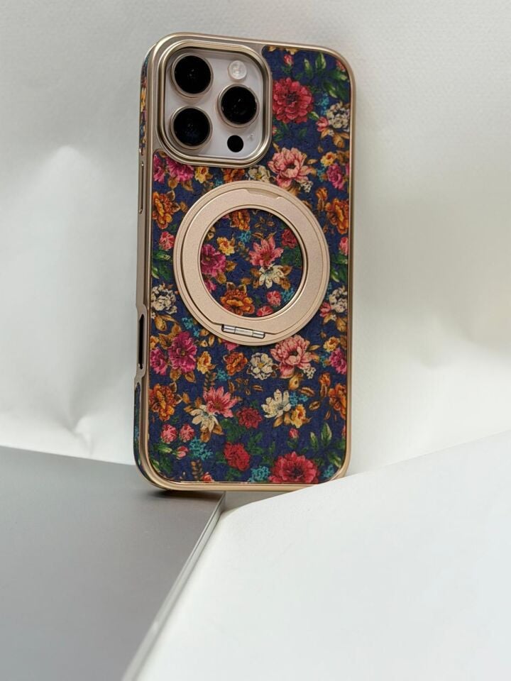 iPhone 16 Pro Max Tuval Kılıf - Egzotik Lotus Desenli Sanatsal Koruyucu Model 1 Standlı