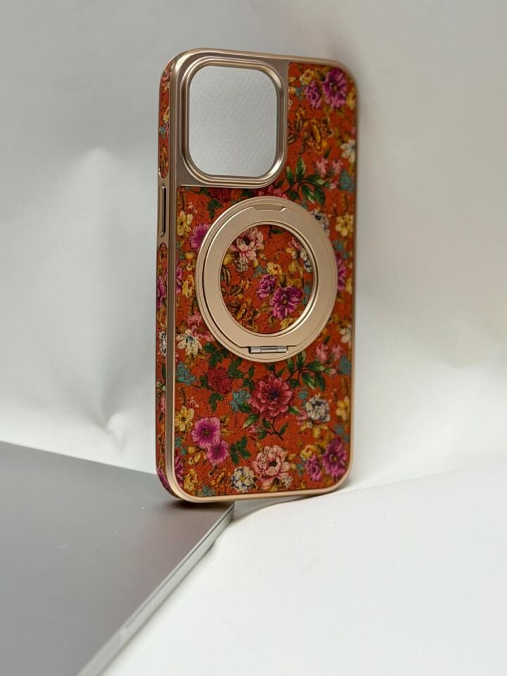iPhone 15 Pro Max Tuval Kılıf - Egzotik Lotus Desenli Sanatsal Koruyucu Model 1 Standlı