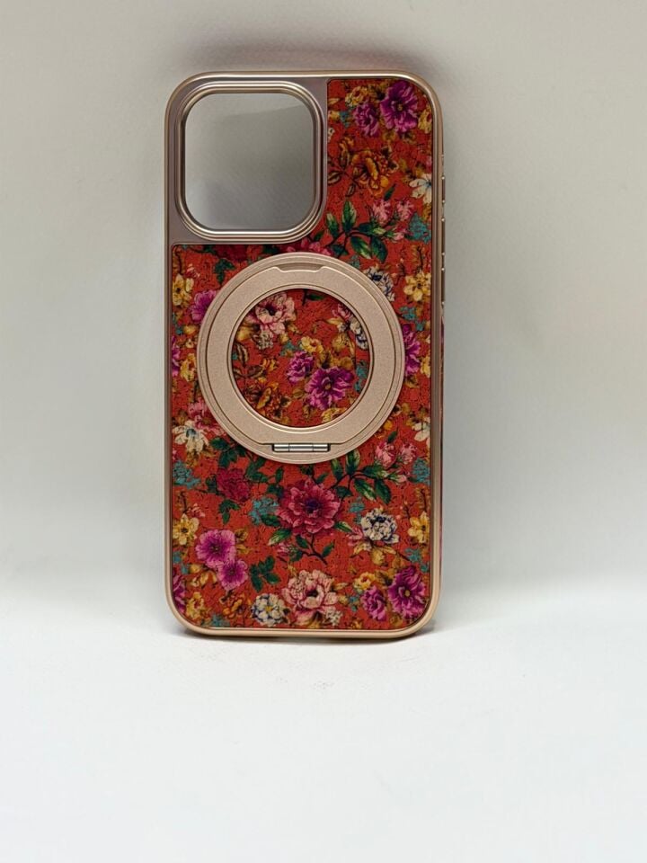 iPhone 15 Pro Max Tuval Kılıf - Egzotik Lotus Desenli Sanatsal Koruyucu Model 1 Standlı