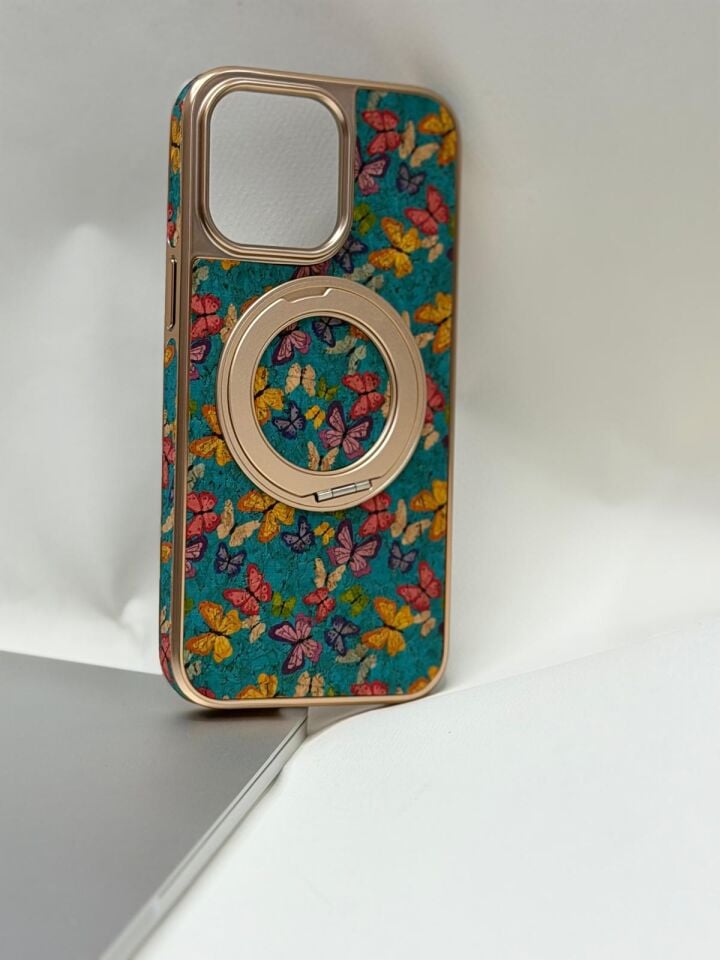 iPhone 15 Pro Max Tuval Kılıf - Egzotik Lotus Desenli Sanatsal Koruyucu Model 2 Standlı