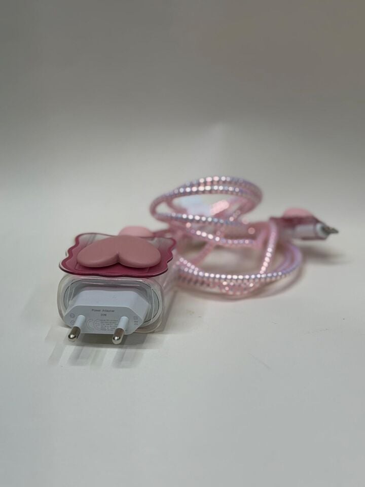 iPhone Uyumlu Sweety Sevimli Figürlü Şarj Başlığı ve Kablo Koruyucu Set Pembe 2