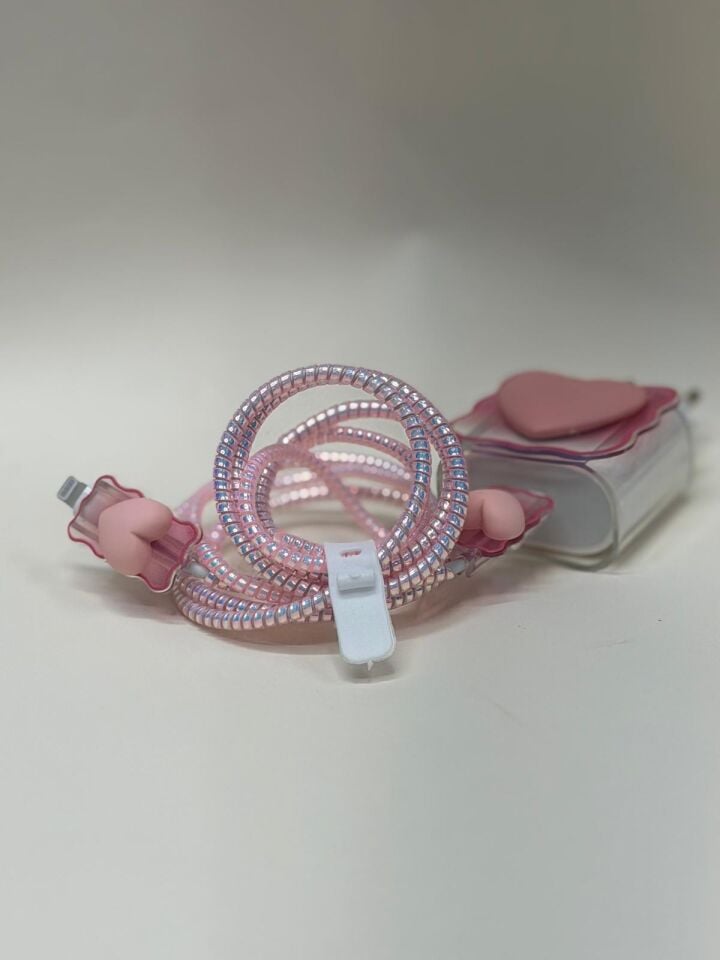 iPhone Uyumlu Sweety Sevimli Figürlü Şarj Başlığı ve Kablo Koruyucu Set Pembe 2