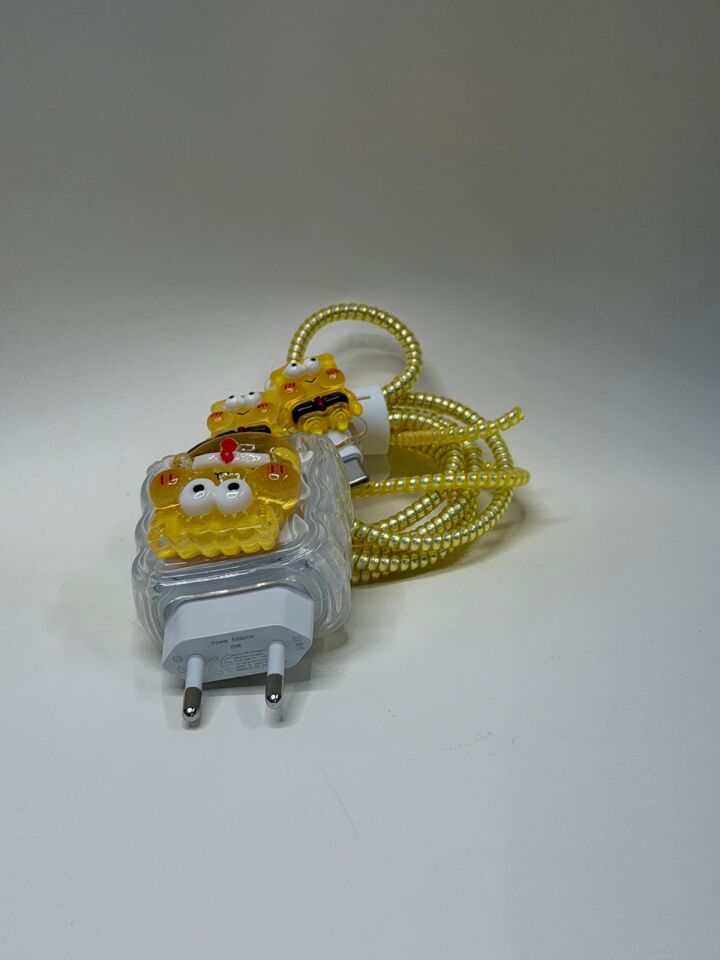 iPhone Uyumlu Sweety Sevimli Figürlü Şarj Başlığı ve Kablo Koruyucu Set Sarı 2