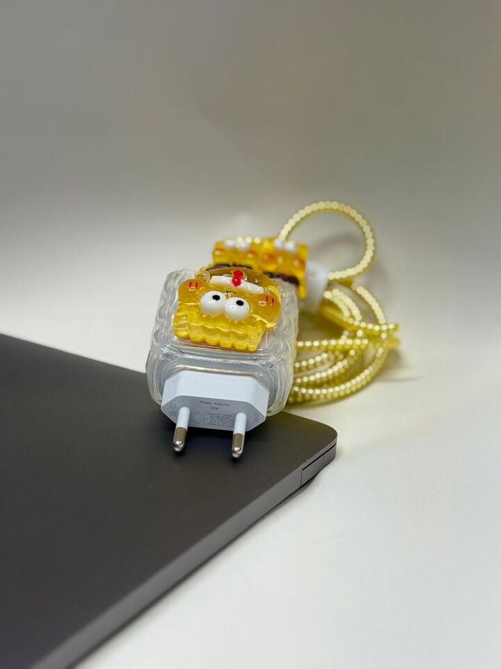 iPhone Uyumlu Sweety Sevimli Figürlü Şarj Başlığı ve Kablo Koruyucu Set Sarı 2