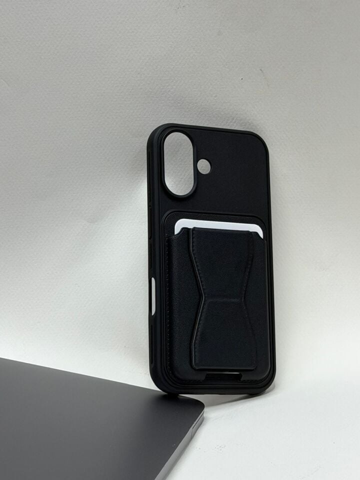 iPhone 16 Uyumlu Deri Görünümlü Standlı ve Kartlıklı Darbe Emici Kılıf