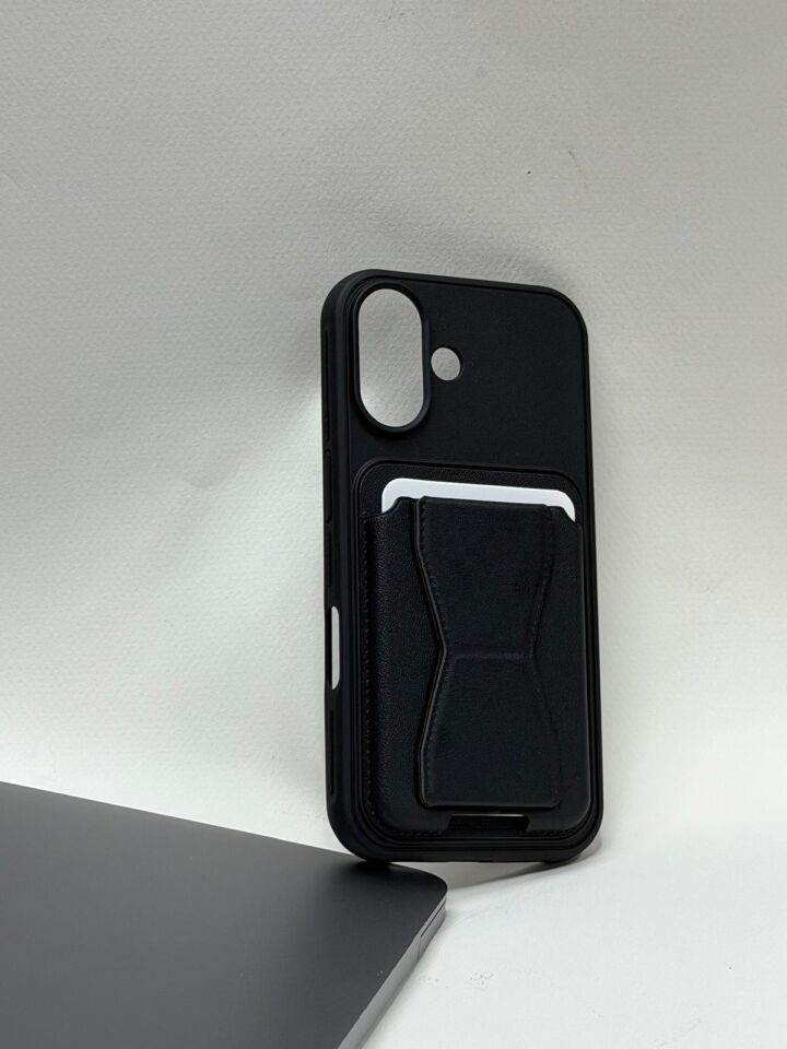 iPhone 16 Uyumlu Deri Görünümlü Standlı ve Kartlıklı Darbe Emici Kılıf Siyah