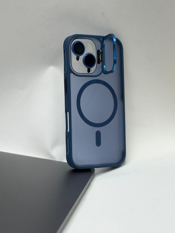 Iphone 16 MagSafe Uyumlu Kamera Standlı Darbe Emici Zırh Kılıf Lacivert