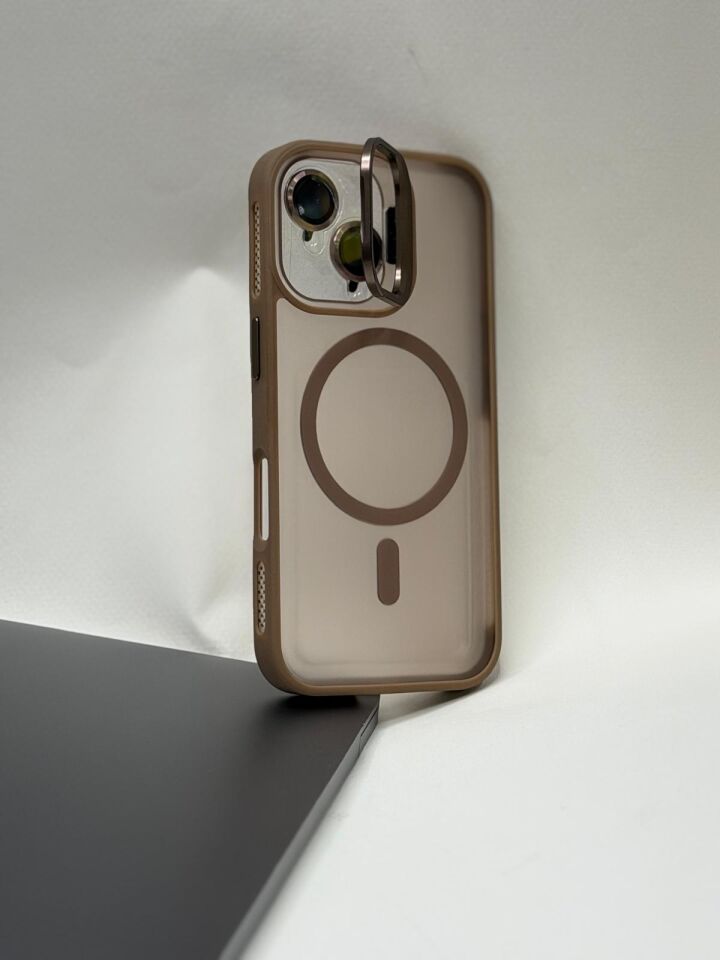 Iphone 16 MagSafe Uyumlu Kamera Standlı Darbe Emici Zırh Kılıf Kahverengi