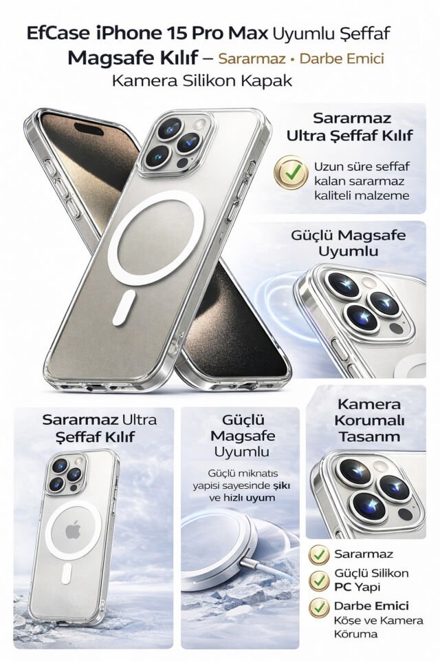 iPhone 15 Pro Max Uyumlu Şeffaf Magsafe Kılıf – Sararmaz, Darbe Emici, Premium Silikon Kapak Beyaz