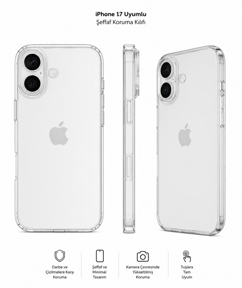 EFCASE iPhone 17 Uyumlu Şeffaf Darbe Korumalı Silikon Kılıf Kamera Korumalı