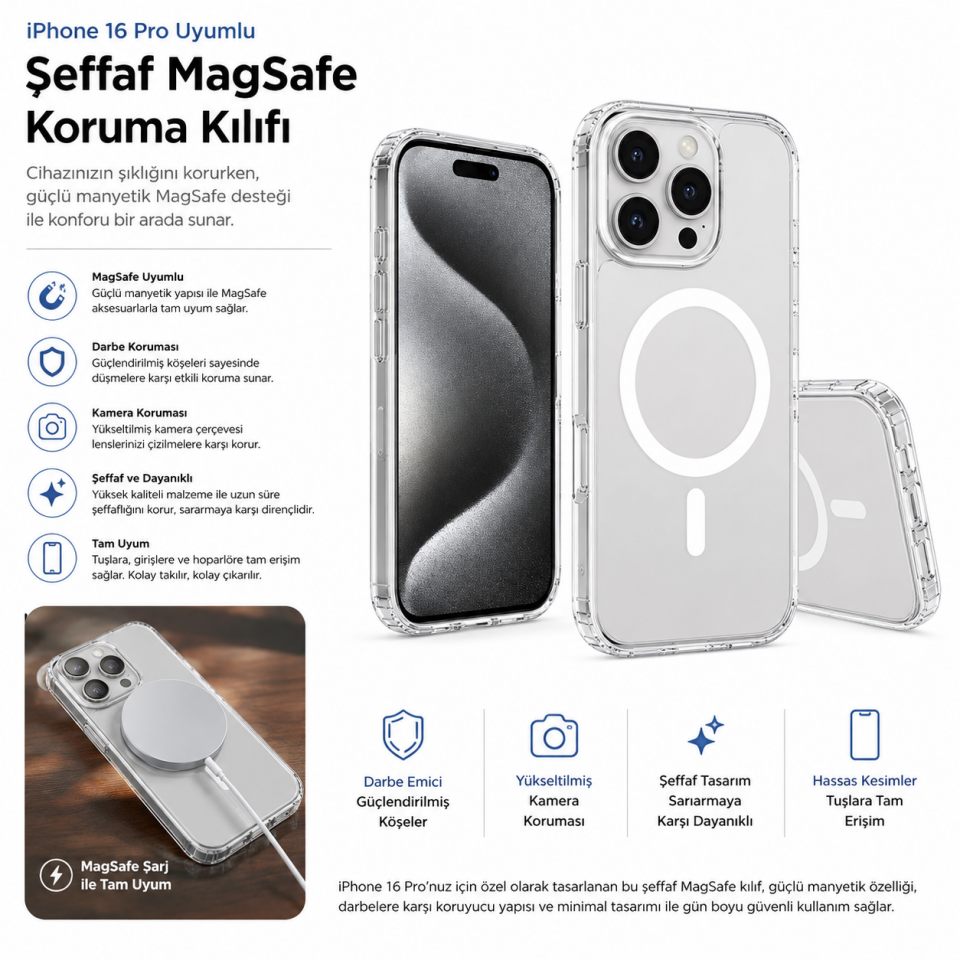 EFCASE iPhone 16 Pro Uyumlu Şeffaf MagSafe Kılıf Darbe Korumalı Kamera Korumalı