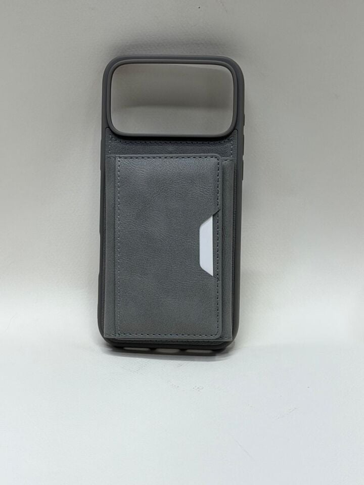 iPhone 17 Pro Max Uyumlu Deri Görünümlü Kartlıklı Kılıf - Lüks ve Fonksiyonel Cüzdan Kılıf Gri