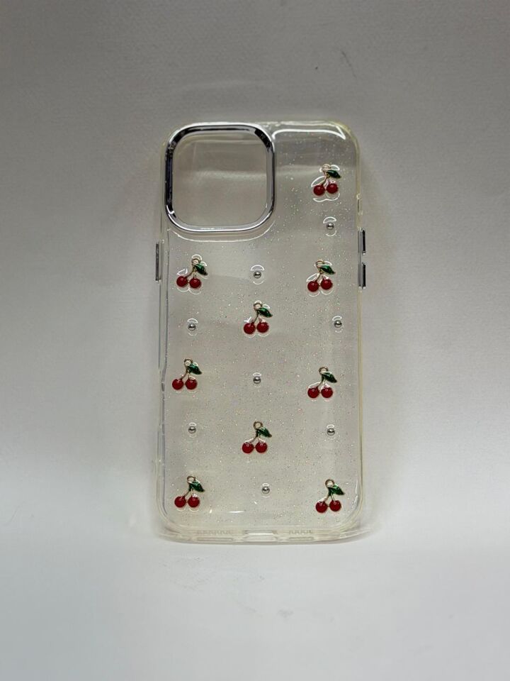 iPhone 16 Pro Max Uyumlu Mücevher Desenli Kristal Parıltılı Lansman Kılıf Kiraz Desenli