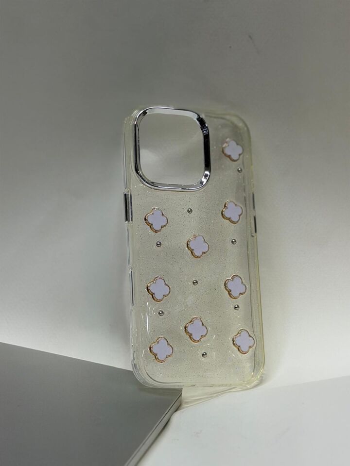 iPhone 16 Pro Uyumlu Mücevher Desenli Kristal Lüks Koruma Kılıfı – Parlak ve Şık Tasarım Beyaz Desenli